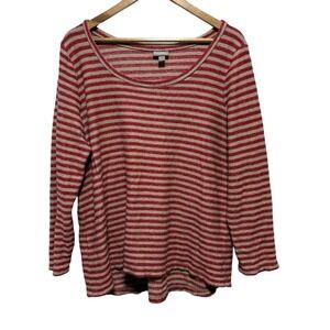 J Jill Tunic Women L Red Tan Stripe Textured Knit Stretch 3/4 Sleeve Relaxed Fit